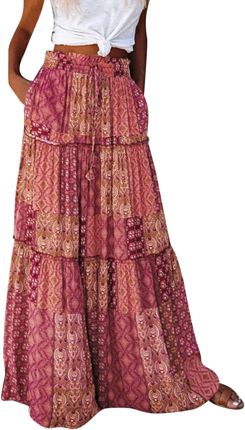 Flowy Long Maxi Skirts for Women Boho Floral Elastic High Waisted Tiered Pleated Summer Casual Beach Skirt