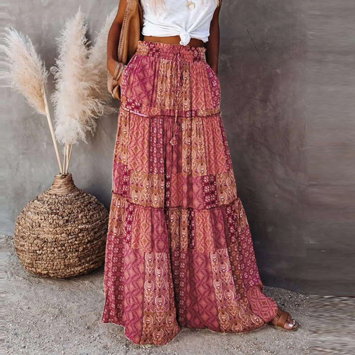 Flowy Long Maxi Skirts for Women Boho Floral Elastic High Waisted Tiered Pleated Summer Casual Beach Skirt
