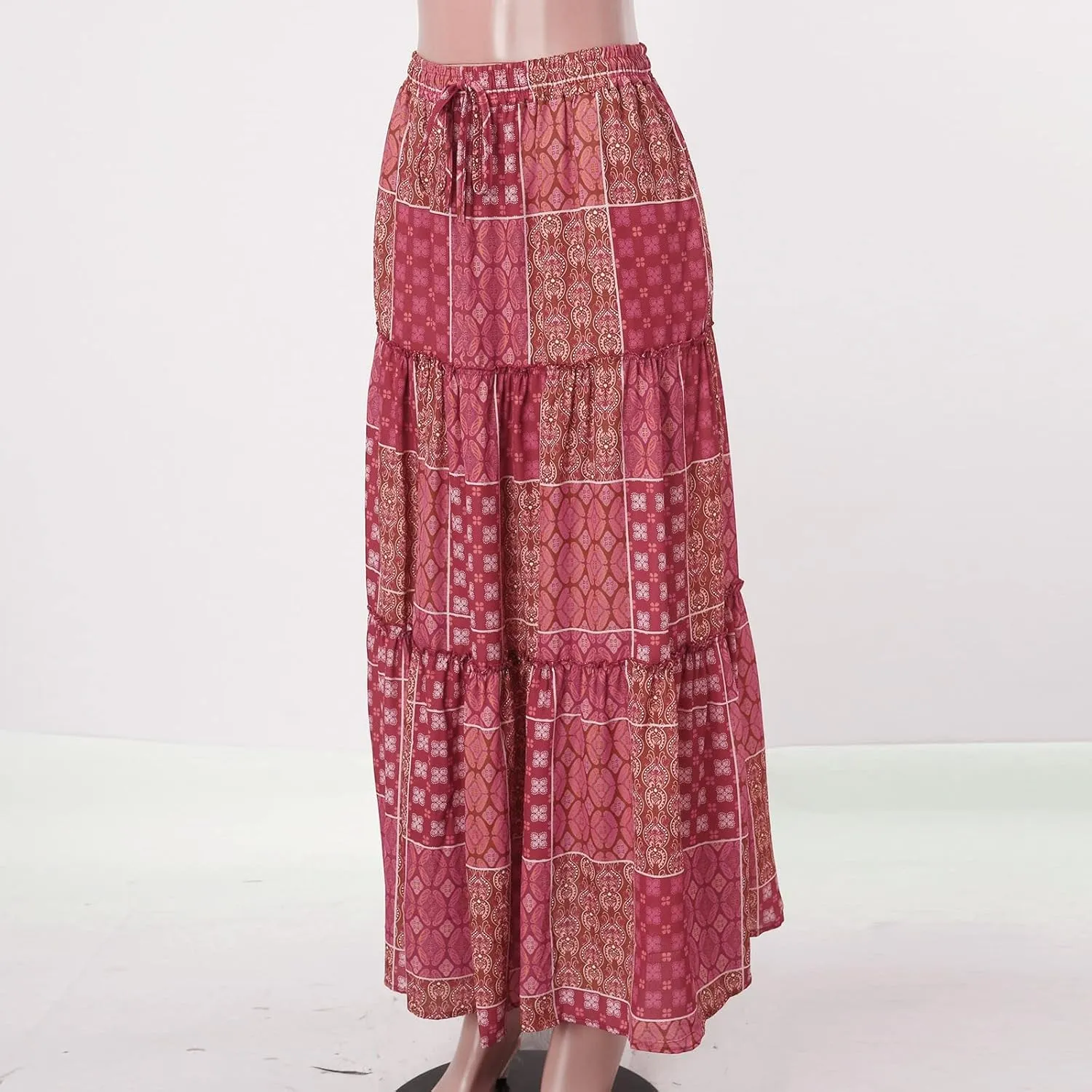 Flowy Long Maxi Skirts for Women Boho Floral Elastic High Waisted Tiered Pleated Summer Casual Beach Skirt