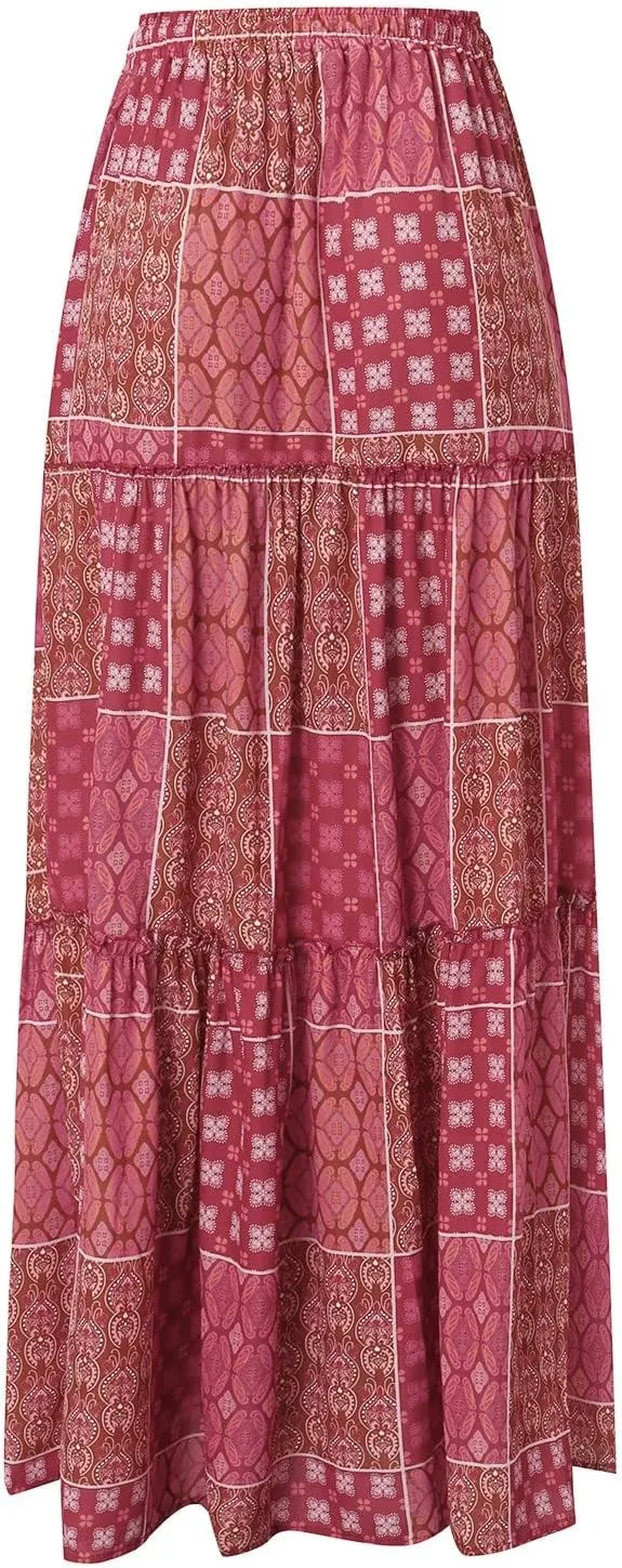 Flowy Long Maxi Skirts for Women Boho Floral Elastic High Waisted Tiered Pleated Summer Casual Beach Skirt