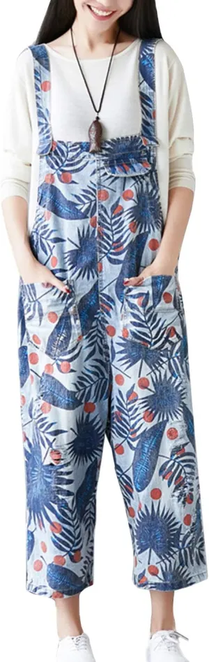 Flygo Women's Loose Baggy Denim Ripped Wide Leg Jumpsuit Rompers Overalls Harem Pants (One Size, Style 08 Dark Blue)