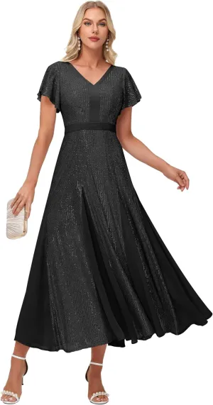 Formal Dresses for Women V-Neck Wedding Guest Dress Sparkly Sequin Midi Length Elegant Ball Gown