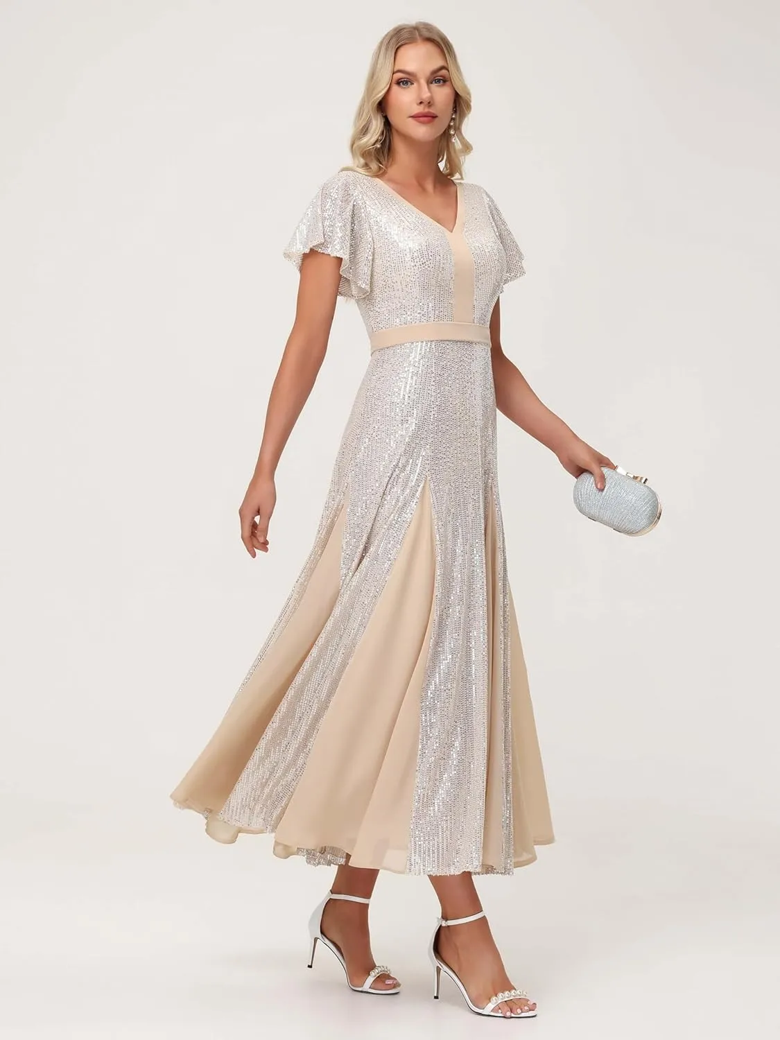 Formal Dresses for Women V-Neck Wedding Guest Dress Sparkly Sequin Midi Length Elegant Ball Gown