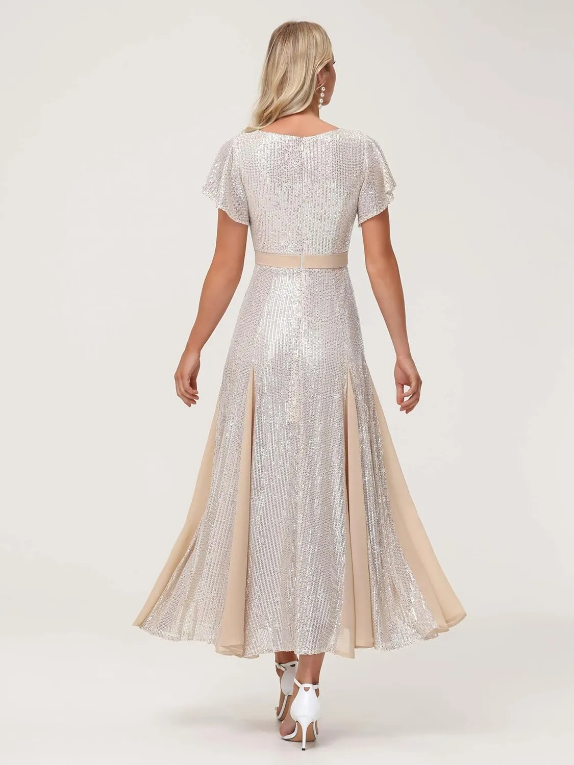 Formal Dresses for Women V-Neck Wedding Guest Dress Sparkly Sequin Midi Length Elegant Ball Gown