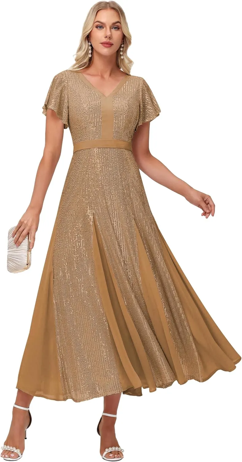 Formal Dresses for Women V-Neck Wedding Guest Dress Sparkly Sequin Midi Length Elegant Ball Gown