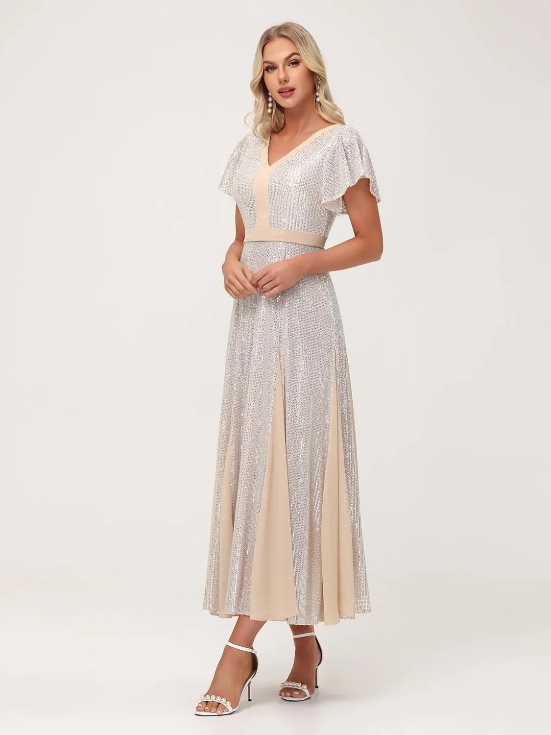 Formal Dresses for Women V-Neck Wedding Guest Dress Sparkly Sequin Midi Length Elegant Ball Gown