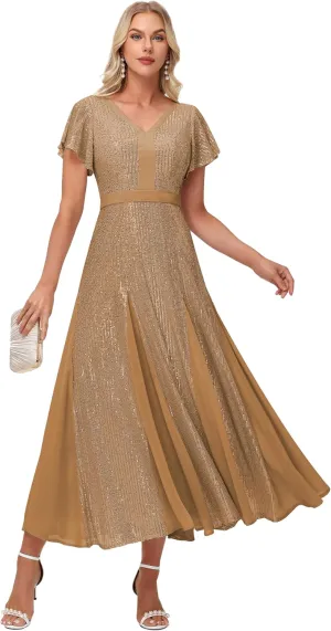 Formal Dresses for Women V-Neck Wedding Guest Dress Sparkly Sequin Midi Length Elegant Ball Gown