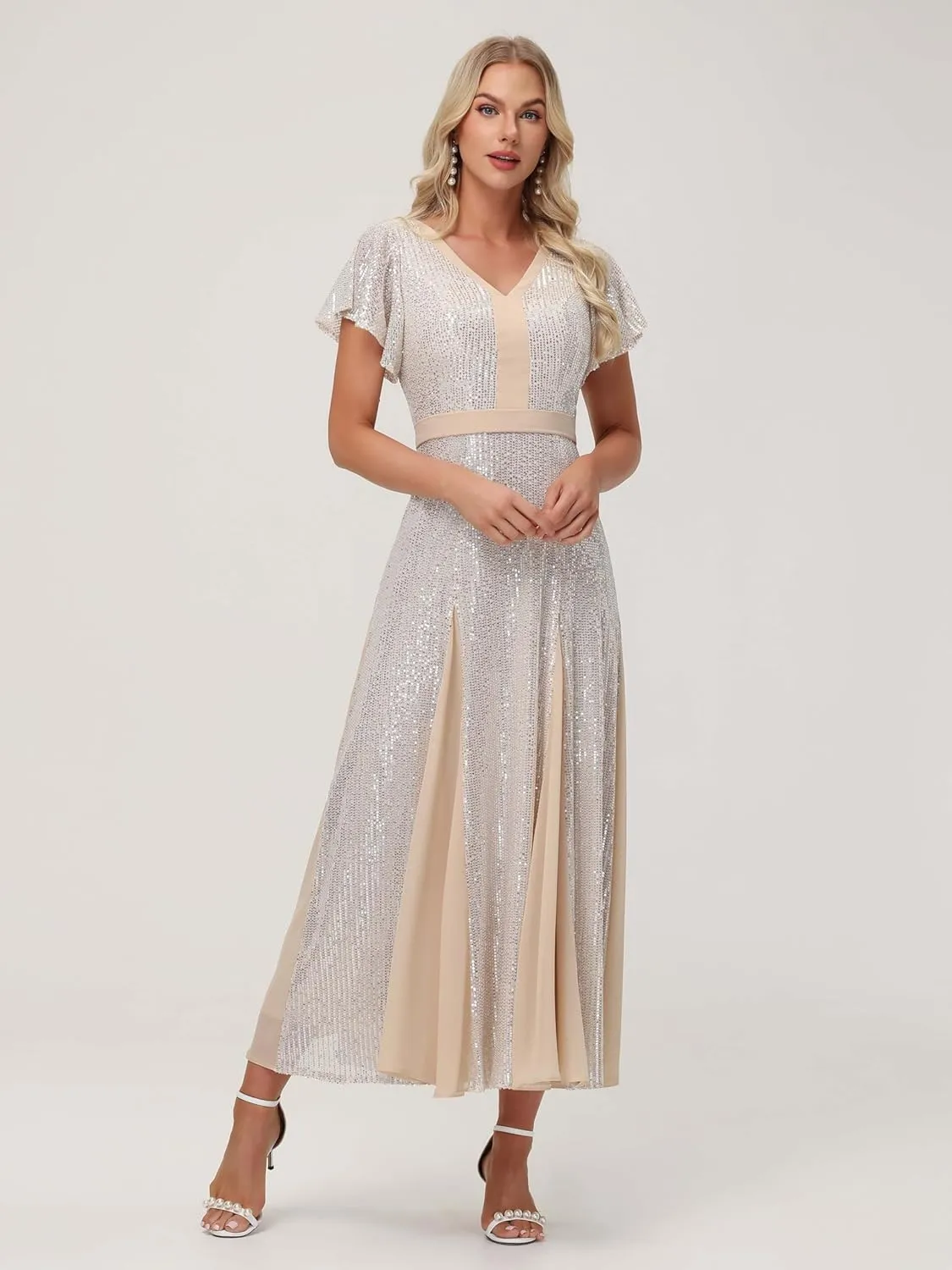Formal Dresses for Women V-Neck Wedding Guest Dress Sparkly Sequin Midi Length Elegant Ball Gown