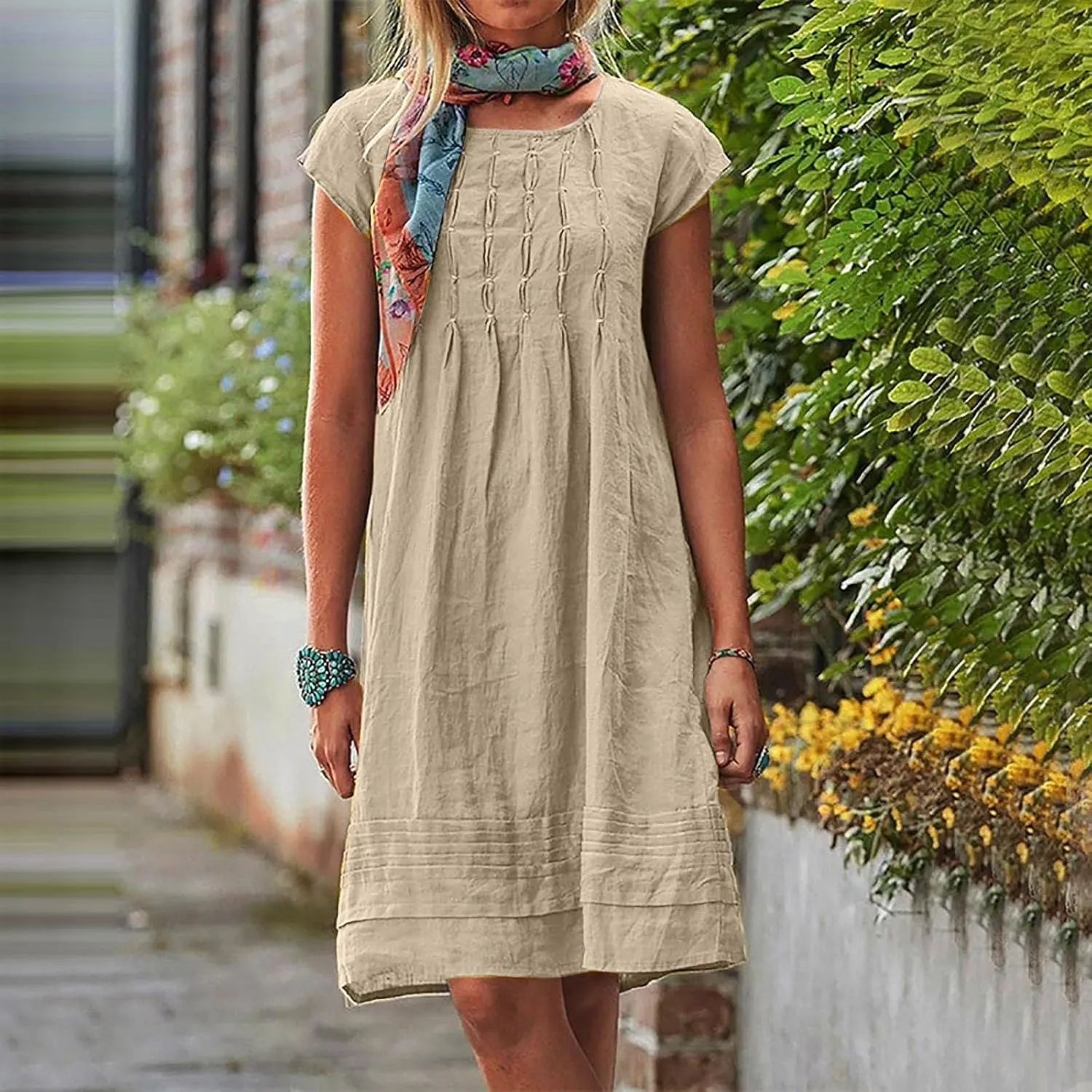 FZYLQY Women's Cotton Linen Midi Dresses Plus Size Cap Sleeve Pleated Summer Dress Vacation 2025 Crew Neck Casual Dress