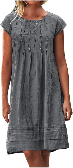 FZYLQY Women's Cotton Linen Midi Dresses Plus Size Cap Sleeve Pleated Summer Dress Vacation 2025 Crew Neck Casual Dress