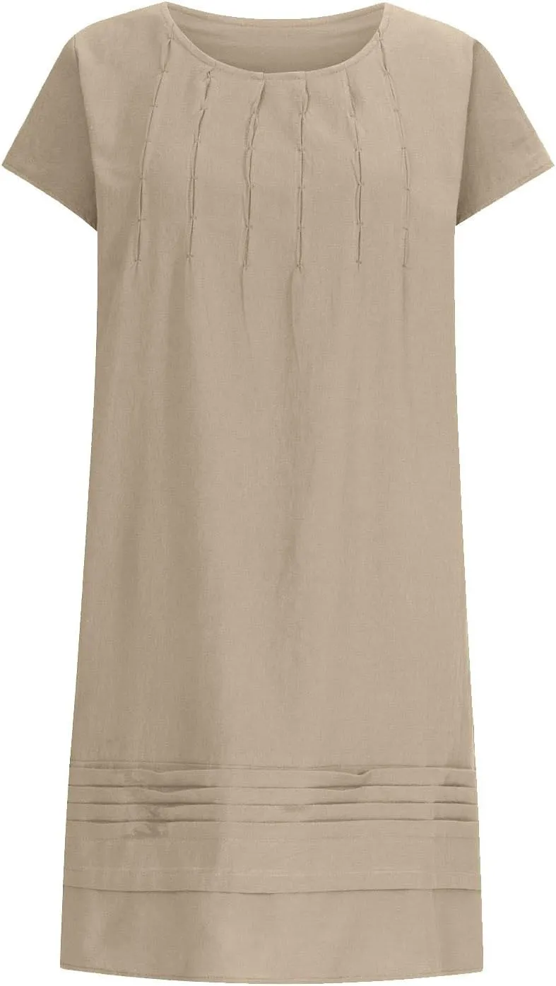 FZYLQY Women's Cotton Linen Midi Dresses Plus Size Cap Sleeve Pleated Summer Dress Vacation 2025 Crew Neck Casual Dress
