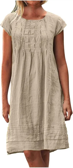 FZYLQY Women's Cotton Linen Midi Dresses Plus Size Cap Sleeve Pleated Summer Dress Vacation 2025 Crew Neck Casual Dress