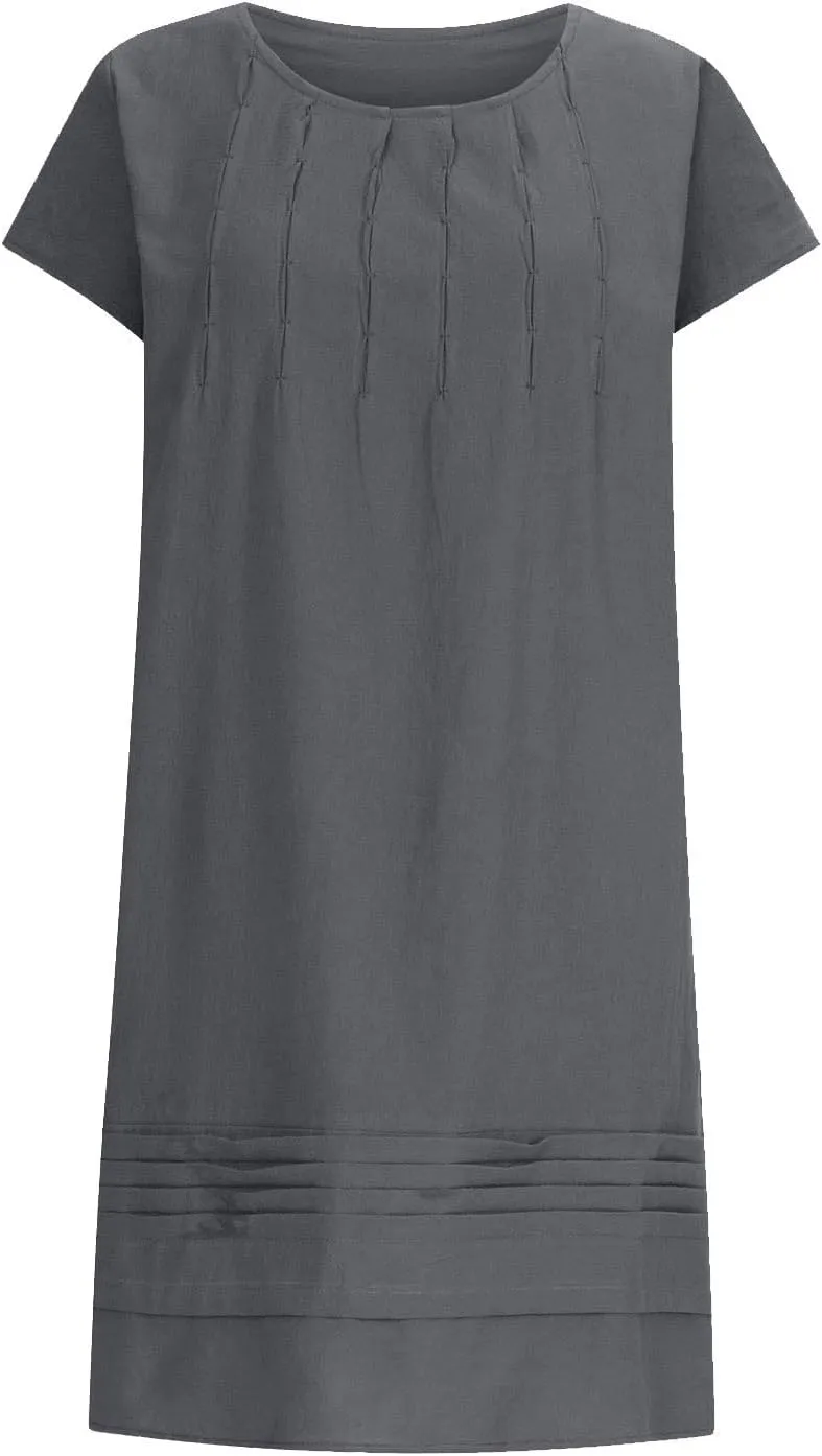 FZYLQY Women's Cotton Linen Midi Dresses Plus Size Cap Sleeve Pleated Summer Dress Vacation 2025 Crew Neck Casual Dress