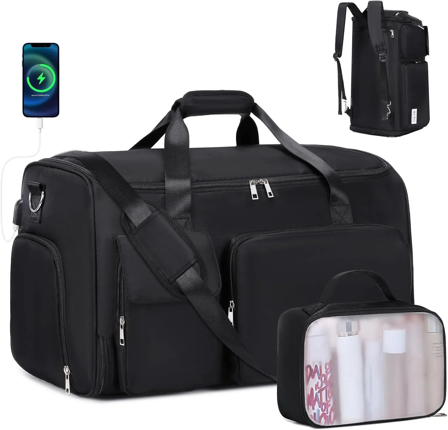 Garment Bags for Travel, 2 in 1 Convertible Carry On Duffle Bag Suit Bags Foldable Backpacks with Shoe Compartment & Toiletry Bag, Hanging Bags for Clothes Dress Suit for Men Women Gift (Black)
