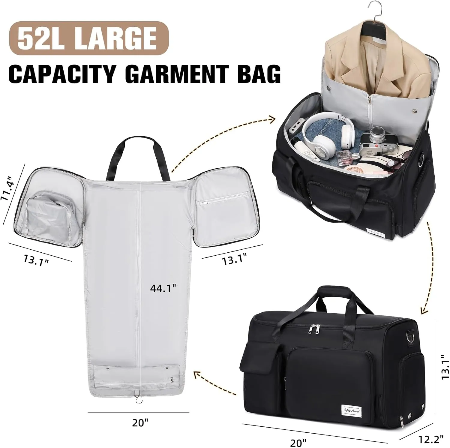 Garment Bags for Travel, 2 in 1 Convertible Carry On Duffle Bag Suit Bags Foldable Backpacks with Shoe Compartment & Toiletry Bag, Hanging Bags for Clothes Dress Suit for Men Women Gift (Black)