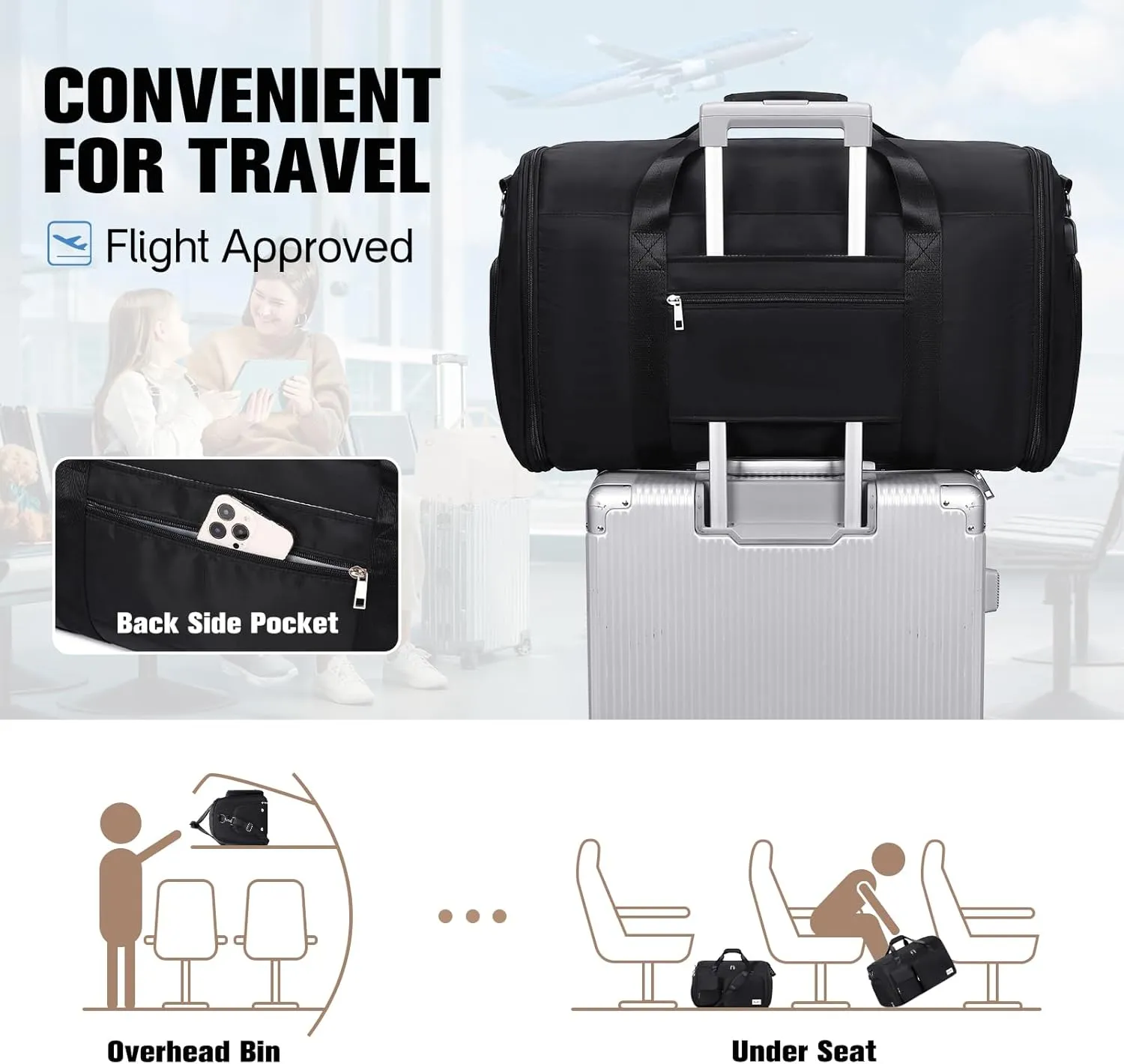Garment Bags for Travel, 2 in 1 Convertible Carry On Duffle Bag Suit Bags Foldable Backpacks with Shoe Compartment & Toiletry Bag, Hanging Bags for Clothes Dress Suit for Men Women Gift (Black)