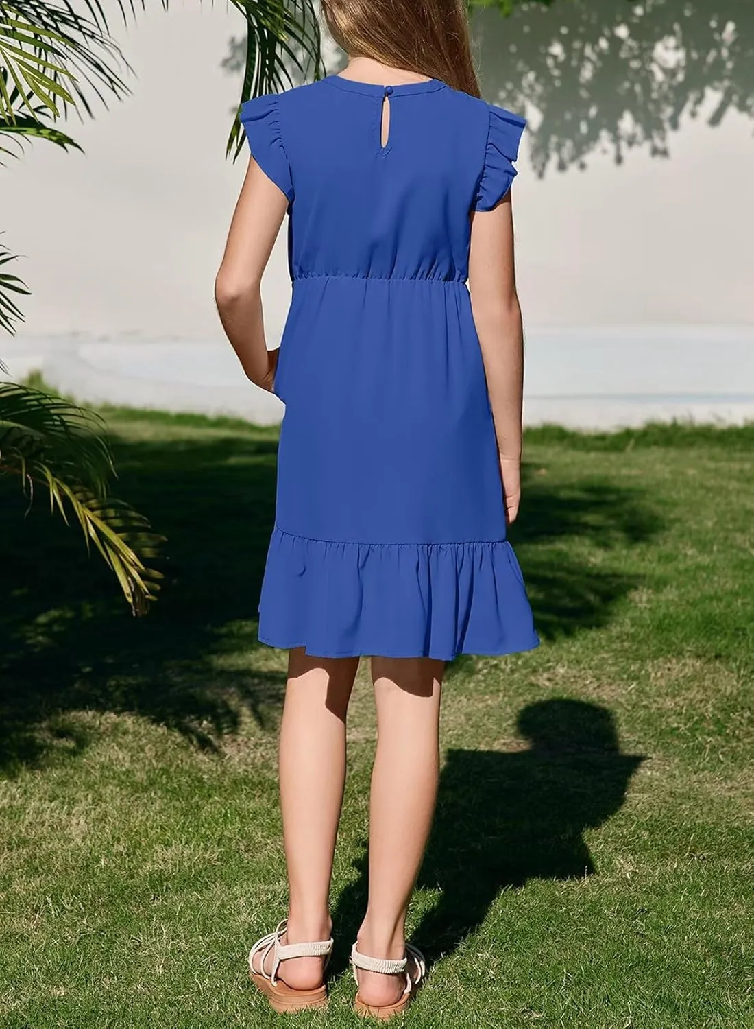 Girls Dresses Ruffle Trim Sleeveless V Neck Casual A-Line Flowy Dress with Pockets