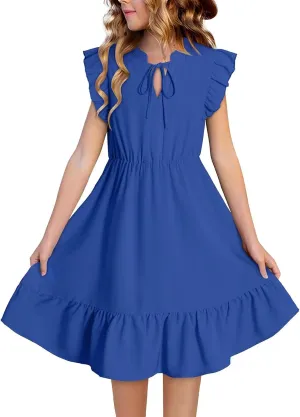 Girls Dresses Ruffle Trim Sleeveless V Neck Casual A-Line Flowy Dress with Pockets