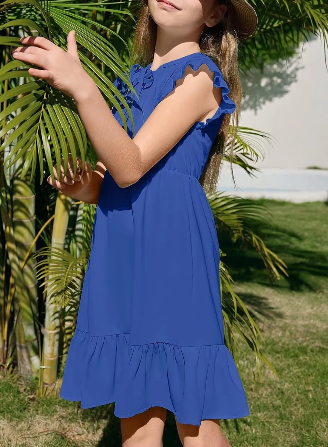 Girls Dresses Ruffle Trim Sleeveless V Neck Casual A-Line Flowy Dress with Pockets