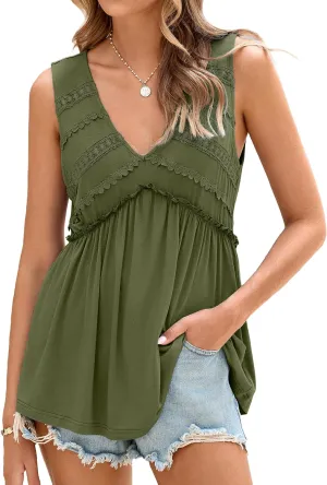 Glamaker Women Summer Tank Tops Babydoll Beach Lace Peplum Tops Flowy Sleeveless V Neck Casual Tunic Shirts