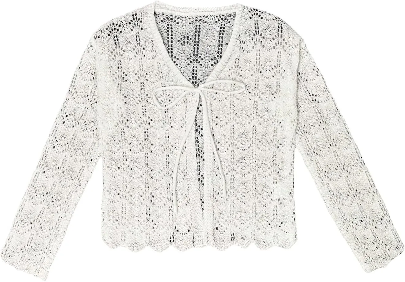GORGLITTER Women's Crochet Tie Front Tops Bell Long Sleeve Cropped Cardigan Summer Beach Festival Boho Tops 2025