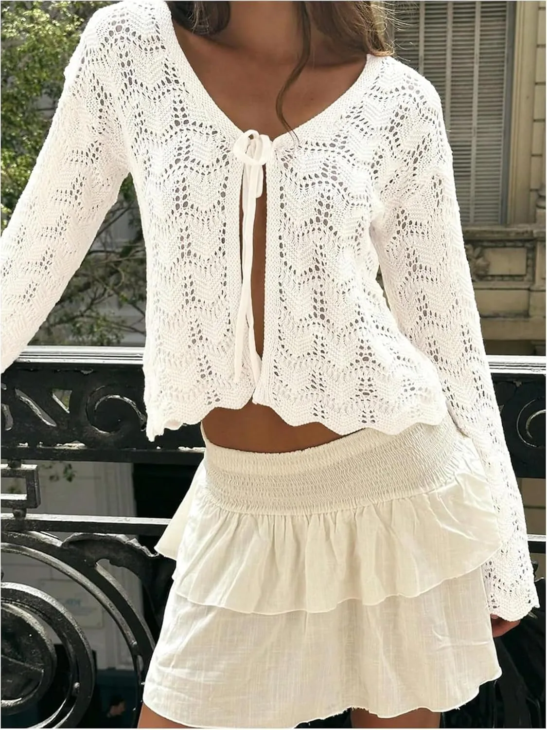GORGLITTER Women's Crochet Tie Front Tops Bell Long Sleeve Cropped Cardigan Summer Beach Festival Boho Tops 2025