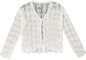 GORGLITTER Women's Crochet Tie Front Tops Bell Long Sleeve Cropped Cardigan Summer Beach Festival Boho Tops 2025