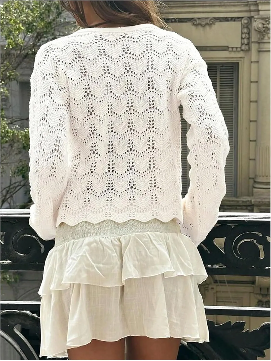 GORGLITTER Women's Crochet Tie Front Tops Bell Long Sleeve Cropped Cardigan Summer Beach Festival Boho Tops 2025