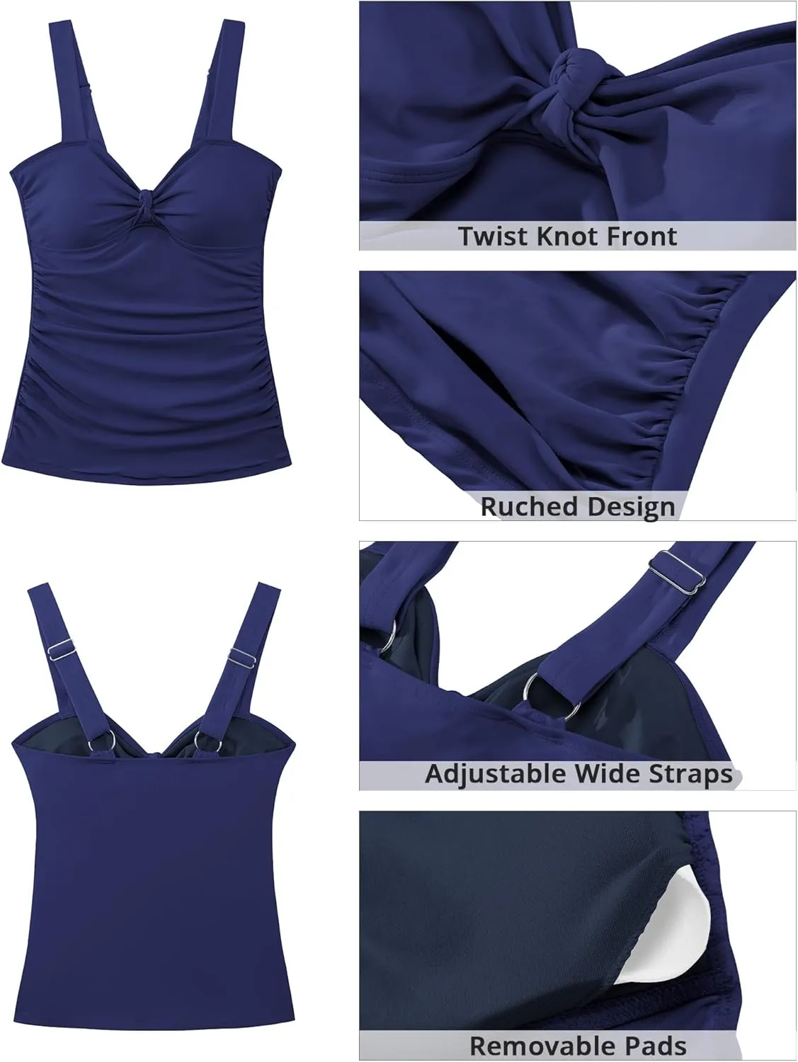 GRAPENT Tankini Tops for Women Twist Knot Ruched Swimsuits Beach Padded Adjustable Straps Modest Swimwear Swim Tops Only