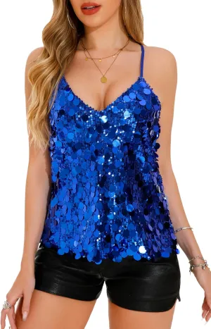 GUANYY Sequin Tops for Women Sparkly Strappy Tank Tops Sexy V Neck Top Concert Outfits Party Disco Club Night