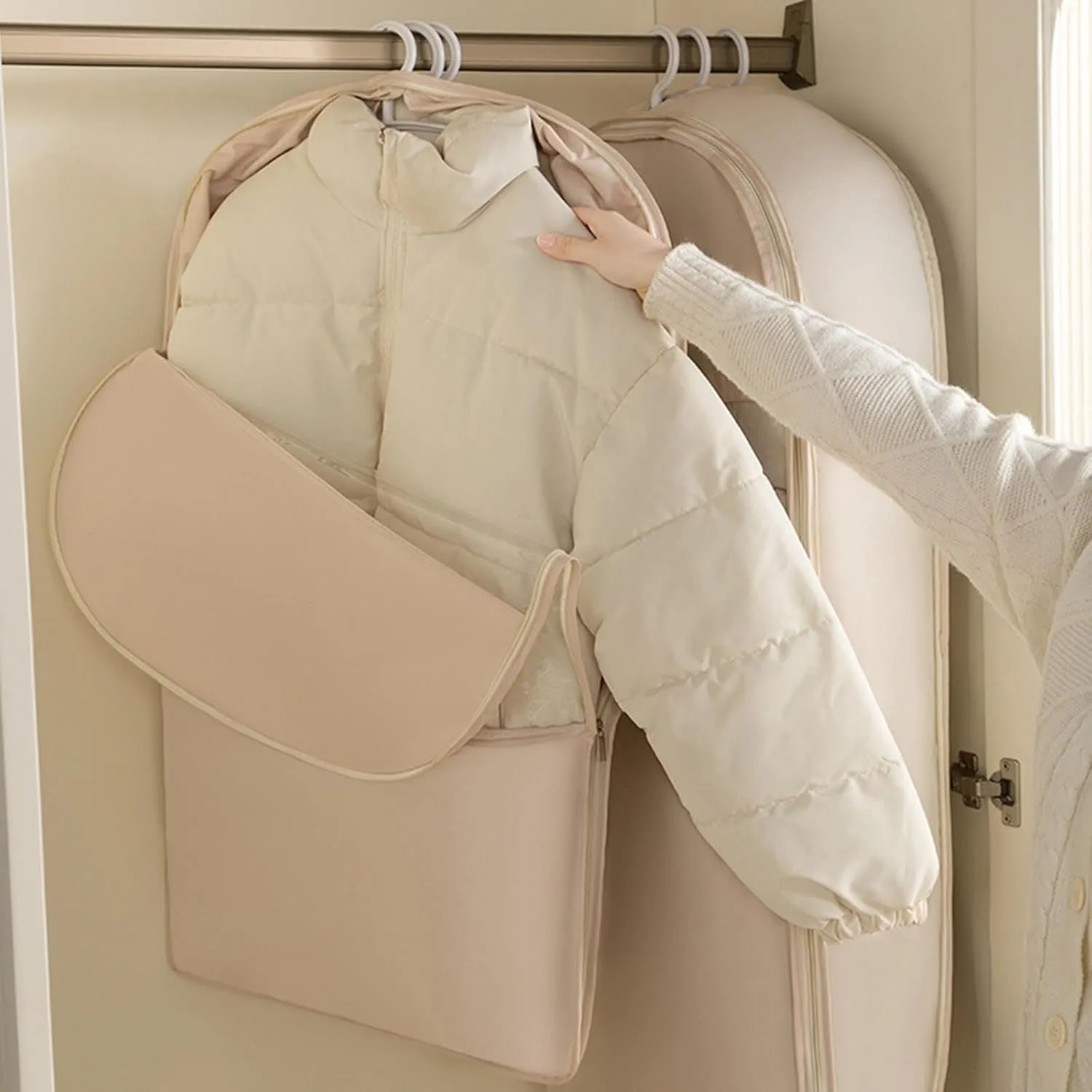 Hanging Garment Bag with Self Compression Zipper, Space Saving Hanging Protector for Down Coat, Self Compression Zip Garment Bags for Closet Storage (Pink, 35.5x22.8 Inch)