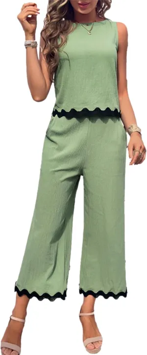 HangNiFang Womens Summer 2 Piece Outfits Sleeveless Cropped Tank Button Back Top Capri Wide Leg Pant Linen Set