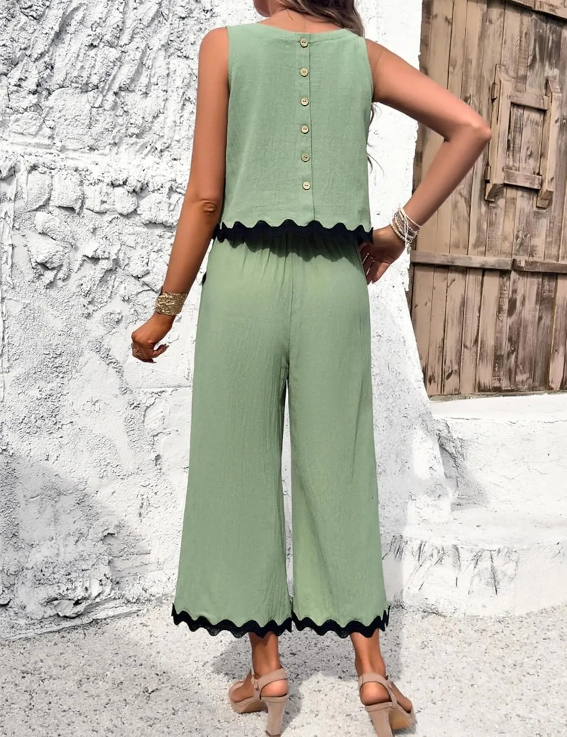 HangNiFang Womens Summer 2 Piece Outfits Sleeveless Cropped Tank Button Back Top Capri Wide Leg Pant Linen Set