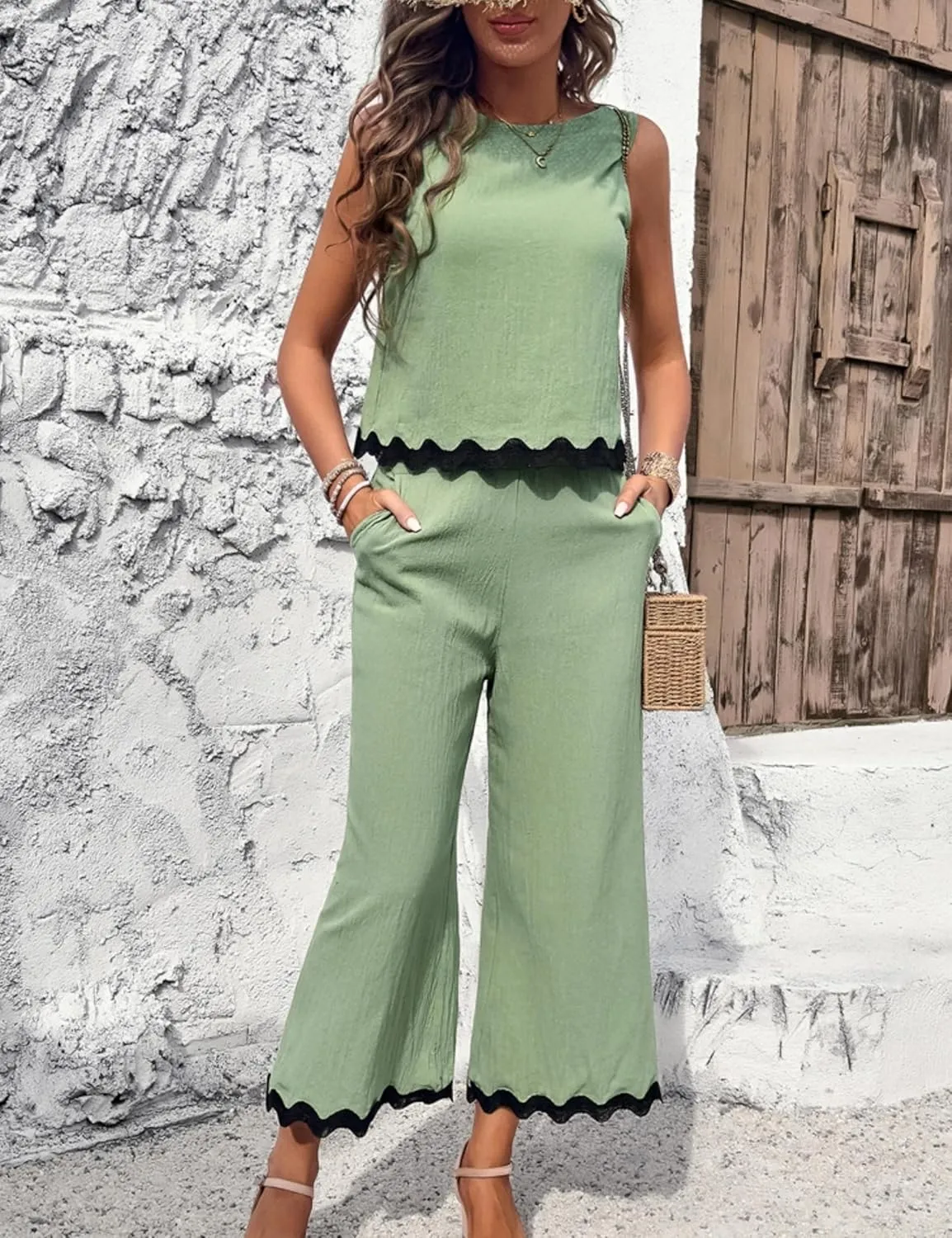 HangNiFang Womens Summer 2 Piece Outfits Sleeveless Cropped Tank Button Back Top Capri Wide Leg Pant Linen Set
