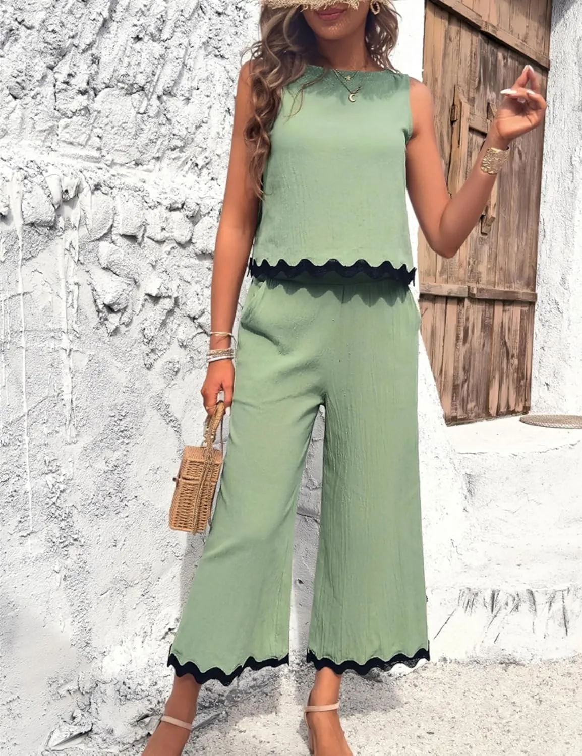 HangNiFang Womens Summer 2 Piece Outfits Sleeveless Cropped Tank Button Back Top Capri Wide Leg Pant Linen Set