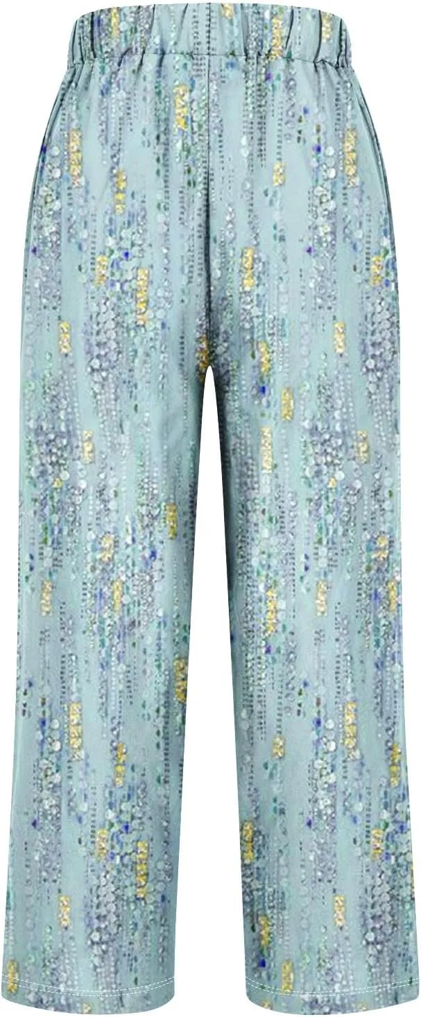Hawaii Capri Pants Womens Casual Boho Tropical Floral Print Slacks Elastic High Waist Drawstring Summer Beach Trousers