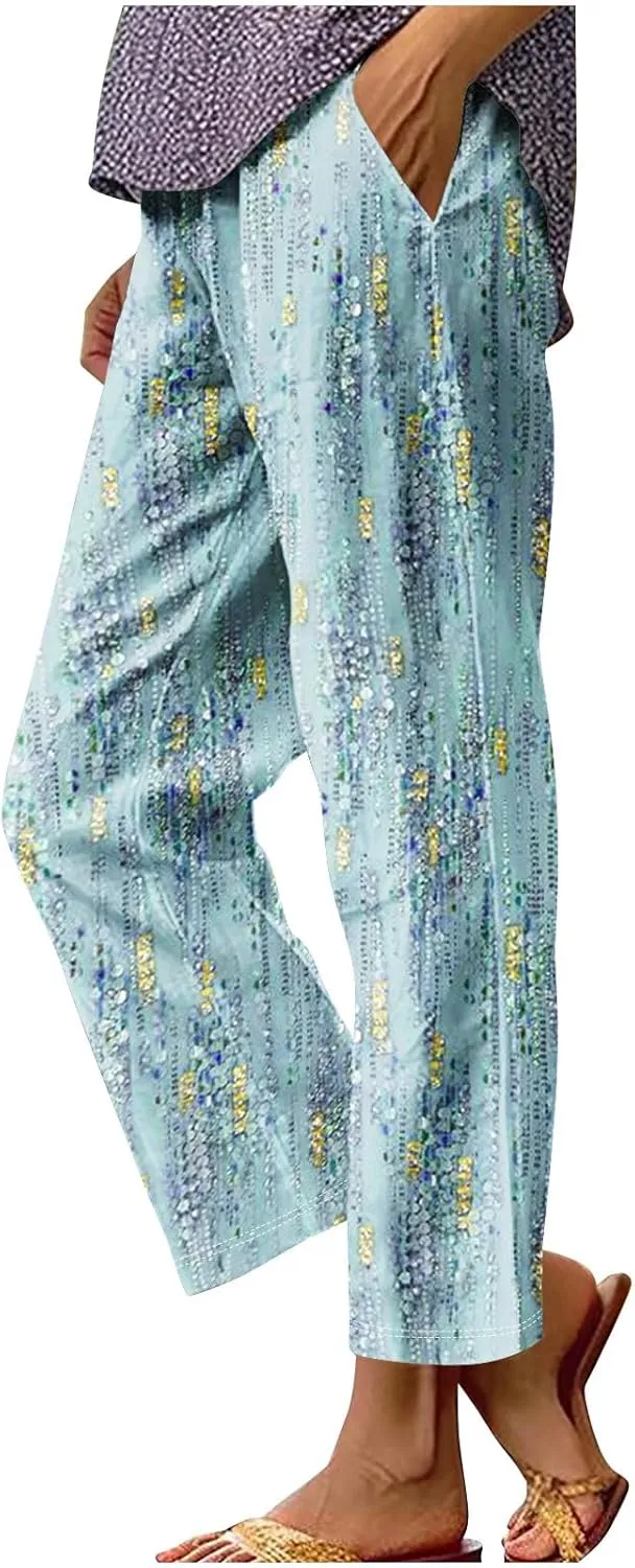 Hawaii Capri Pants Womens Casual Boho Tropical Floral Print Slacks Elastic High Waist Drawstring Summer Beach Trousers