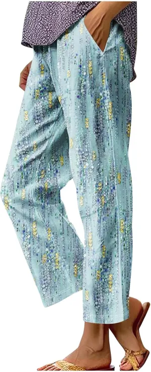 Hawaii Capri Pants Womens Casual Boho Tropical Floral Print Slacks Elastic High Waist Drawstring Summer Beach Trousers