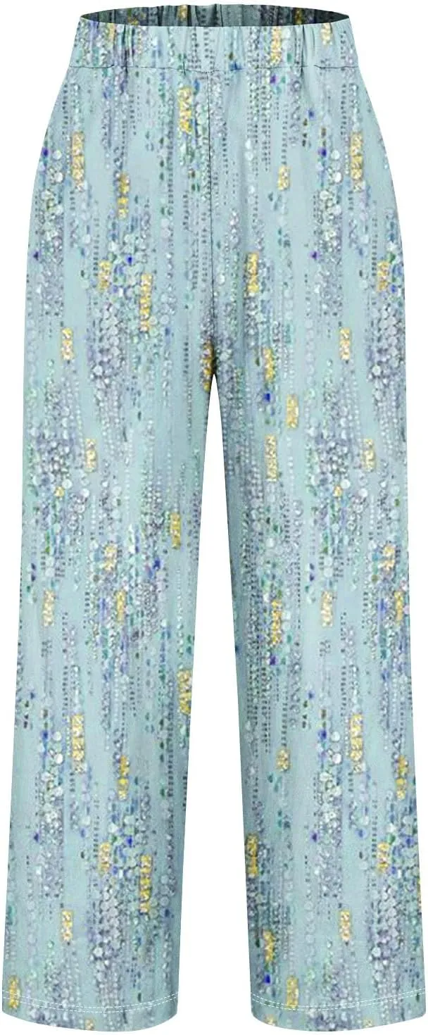 Hawaii Capri Pants Womens Casual Boho Tropical Floral Print Slacks Elastic High Waist Drawstring Summer Beach Trousers