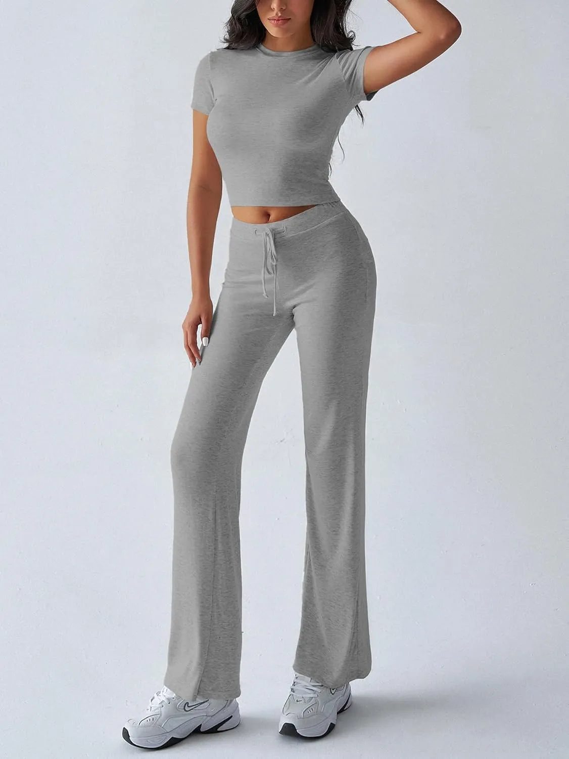 HBQ Women's 2 Piece Outfits Lounge Sets Slim Short Sleeve Crop Tops And High Waisted Wide Leg Pants Tracksuit Sets