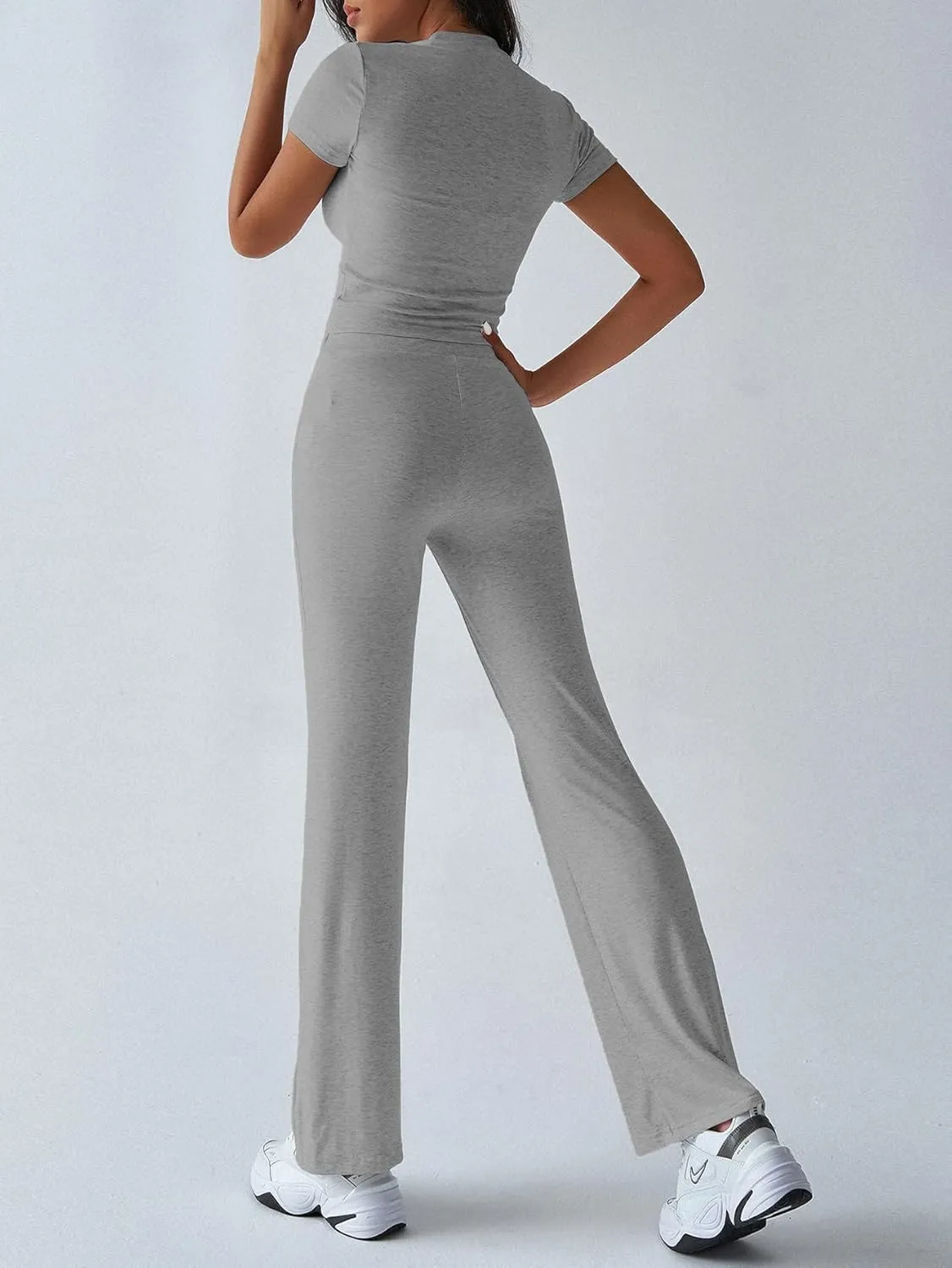 HBQ Women's 2 Piece Outfits Lounge Sets Slim Short Sleeve Crop Tops And High Waisted Wide Leg Pants Tracksuit Sets