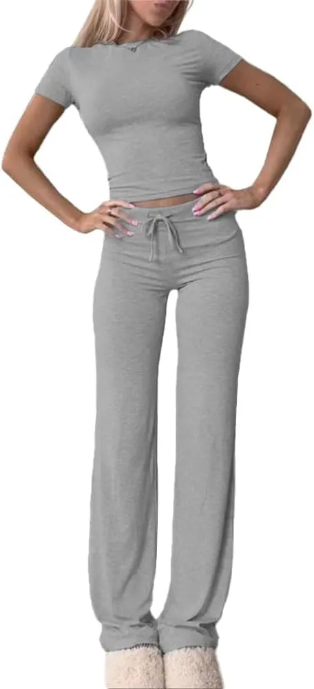 HBQ Women's 2 Piece Outfits Lounge Sets Slim Short Sleeve Crop Tops And High Waisted Wide Leg Pants Tracksuit Sets