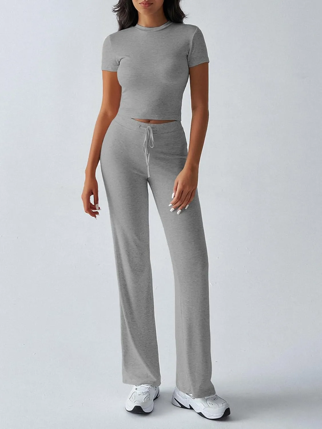 HBQ Women's 2 Piece Outfits Lounge Sets Slim Short Sleeve Crop Tops And High Waisted Wide Leg Pants Tracksuit Sets