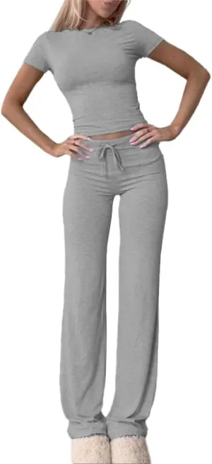 HBQ Women's 2 Piece Outfits Lounge Sets Slim Short Sleeve Crop Tops And High Waisted Wide Leg Pants Tracksuit Sets