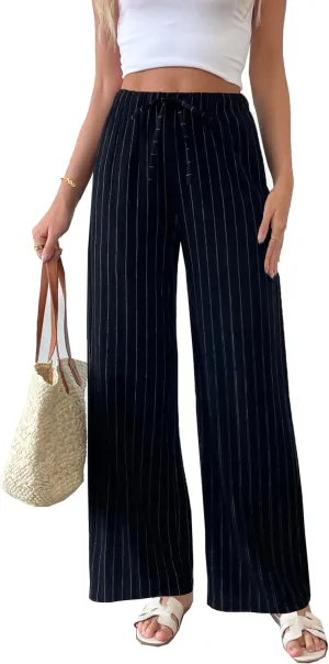 heipeiwa Women's Linen Pants Striped Summer Boho Straight Wide Leg Beach Lounge Casual Trousers