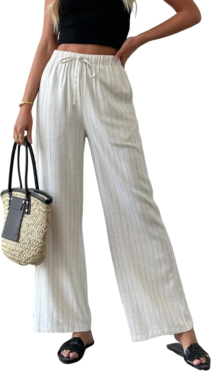 heipeiwa Women's Linen Pants Striped Summer Boho Straight Wide Leg Beach Lounge Casual Trousers