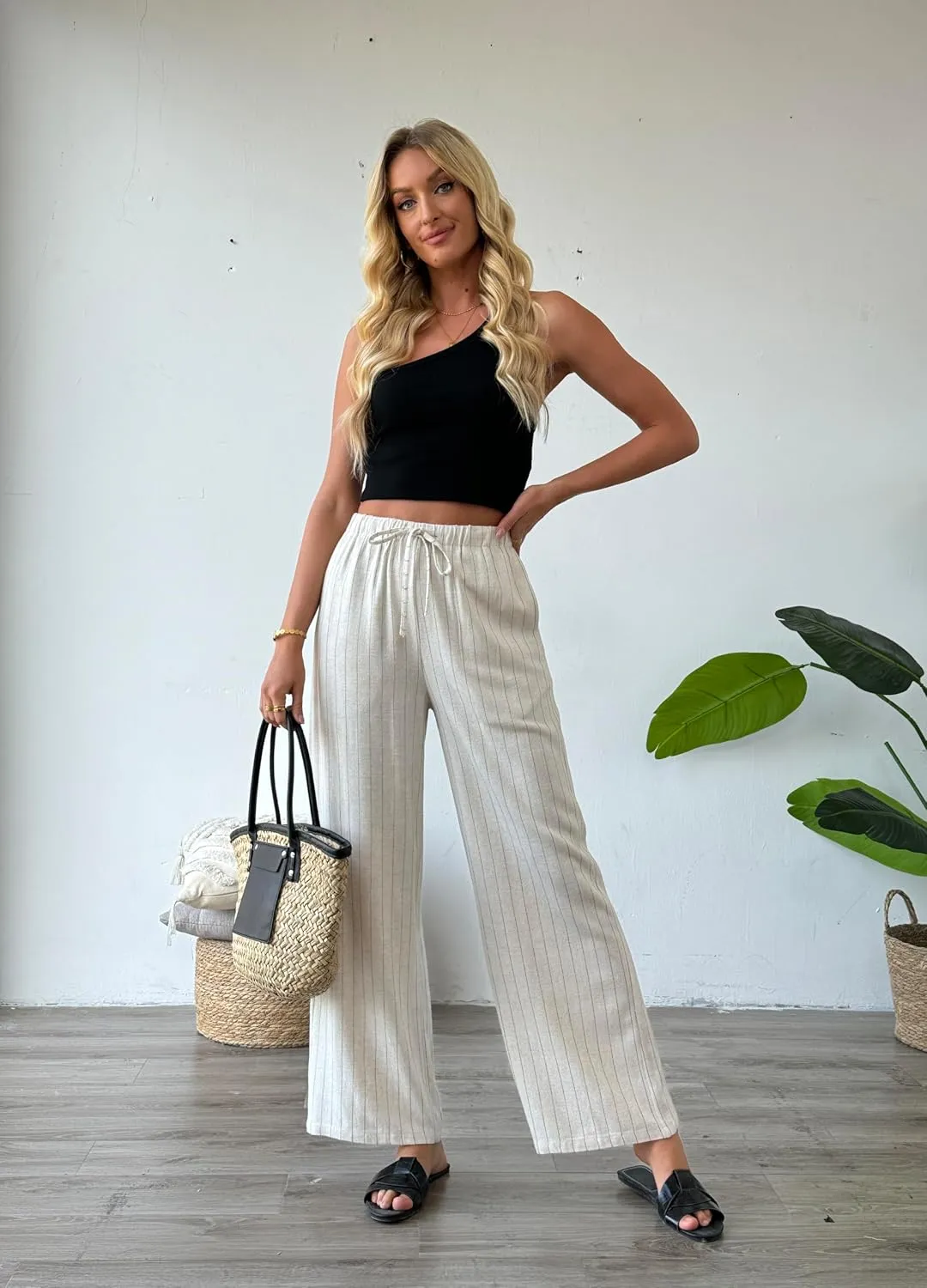 heipeiwa Women's Linen Pants Striped Summer Boho Straight Wide Leg Beach Lounge Casual Trousers