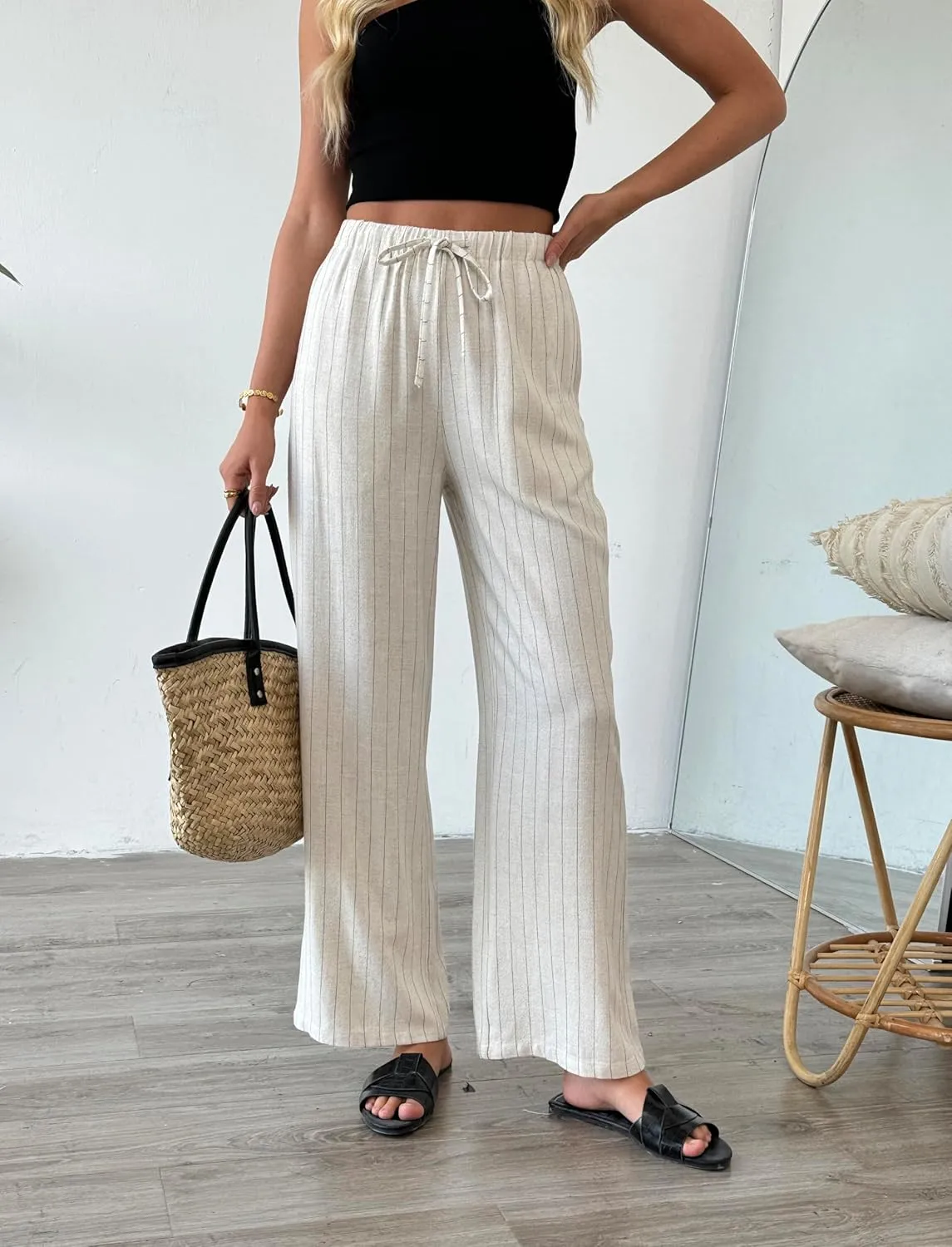 heipeiwa Women's Linen Pants Striped Summer Boho Straight Wide Leg Beach Lounge Casual Trousers