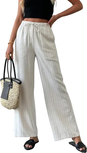 heipeiwa Women's Linen Pants Striped Summer Boho Straight Wide Leg Beach Lounge Casual Trousers