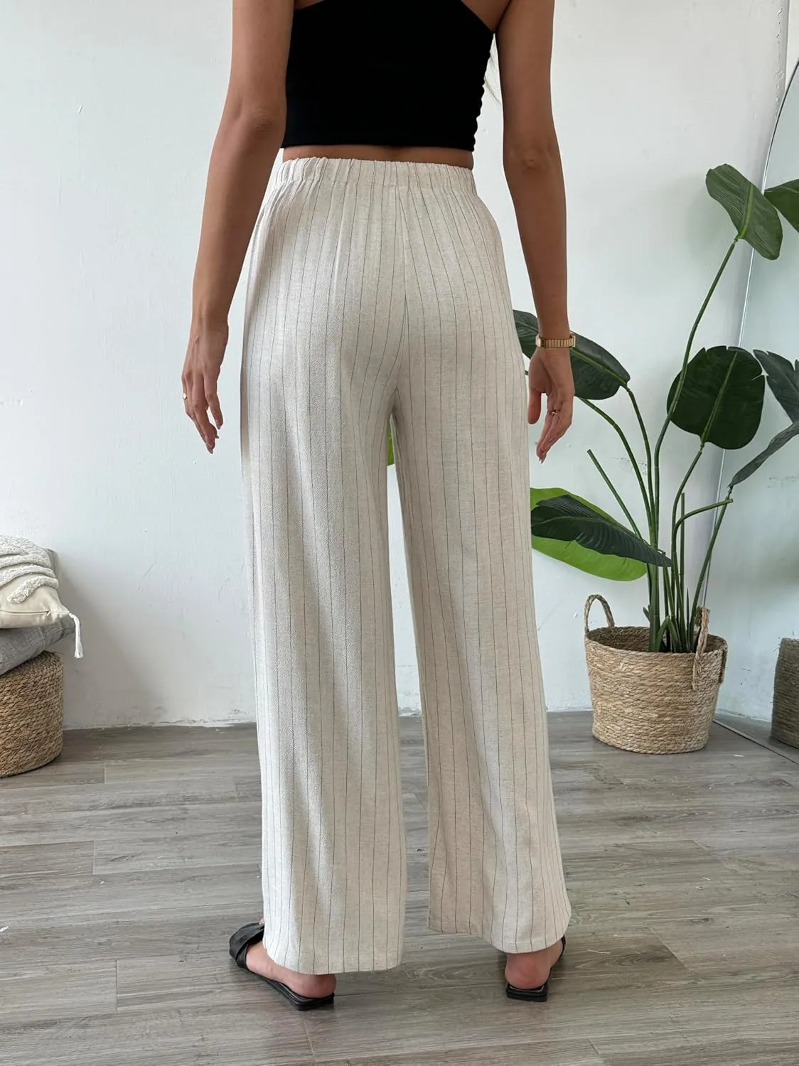 heipeiwa Women's Linen Pants Striped Summer Boho Straight Wide Leg Beach Lounge Casual Trousers